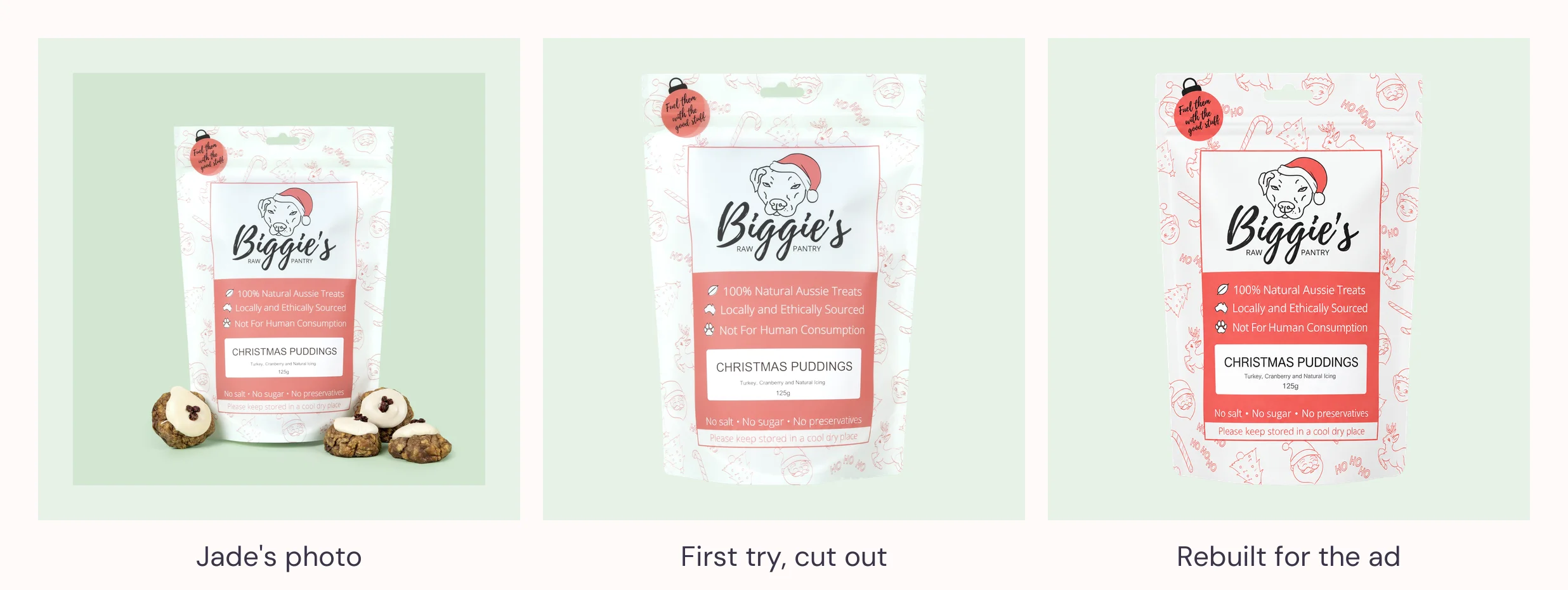 The bag: Jade’s photo, the first cut-out attempt, and the clean rebuild used in the ad.