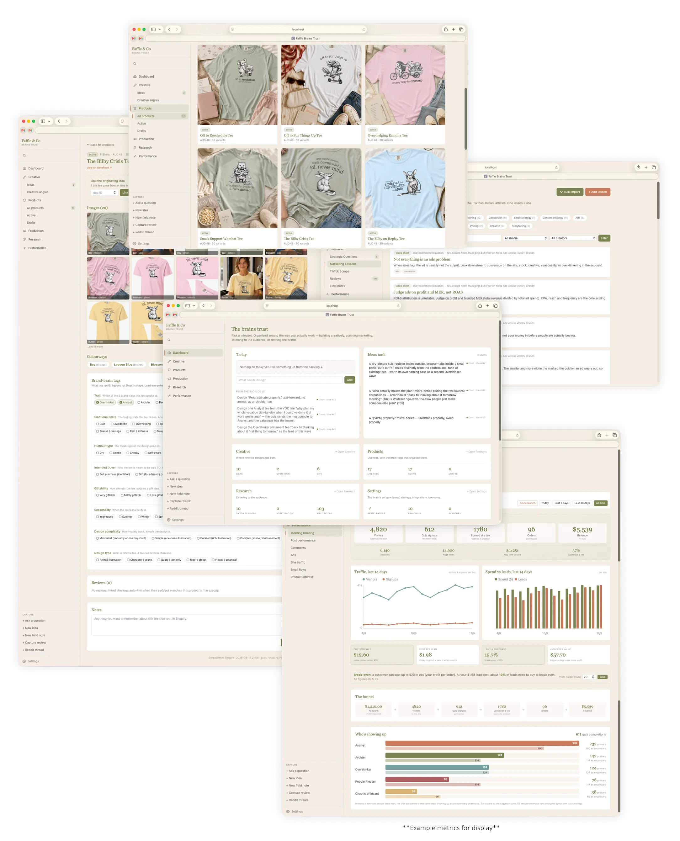 Brains Trust screens: products, product tagging, marketing lessons, the dashboard and the morning briefing