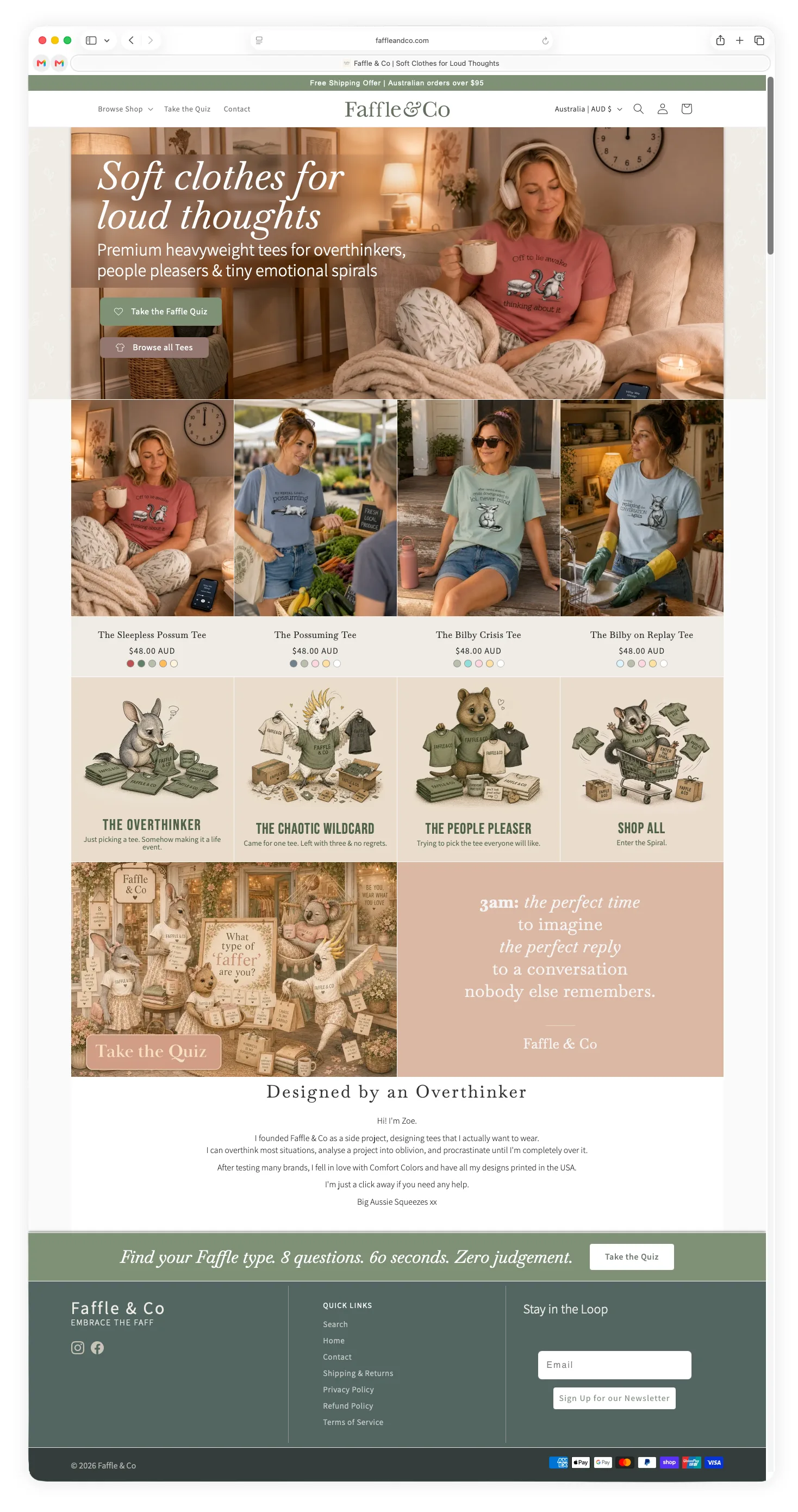 The home page, built from my own theme sections.