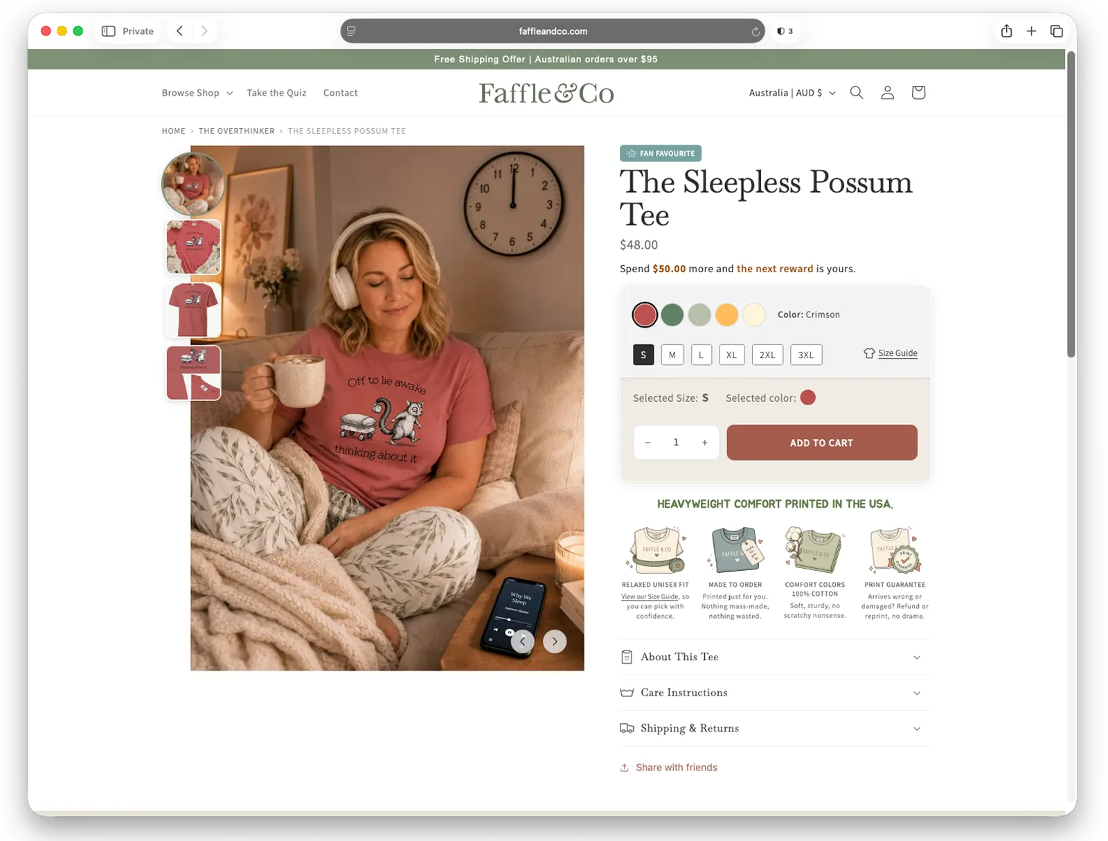A retail product page with colour choices and a reward prompt.