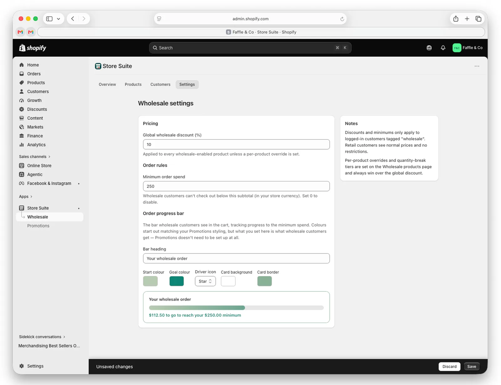 Wholesale settings and a progress-bar preview.